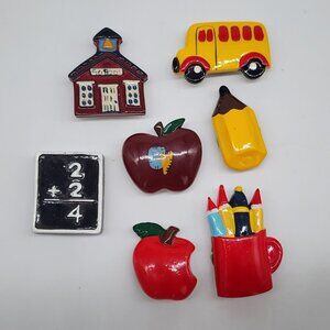 Vintage Set 7 School Teacher Apple Button Covers Books Pencil Ruler ABC Slate